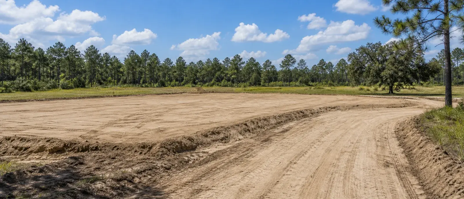 Broad graded sandy site-prep pad on rural acreage in Columbia County, Florida.