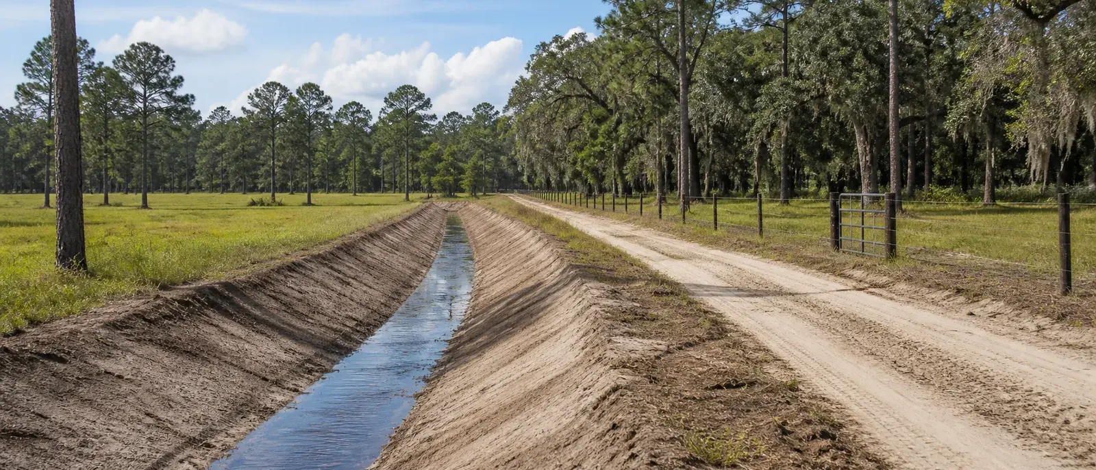 Fresh drainage swale beside a sandy access lane on rural acreage near Jasper, Florida.