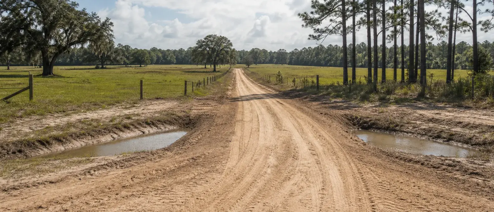 Long sandy rural driveway with drainage swale across acreage near Live Oak, Florida.