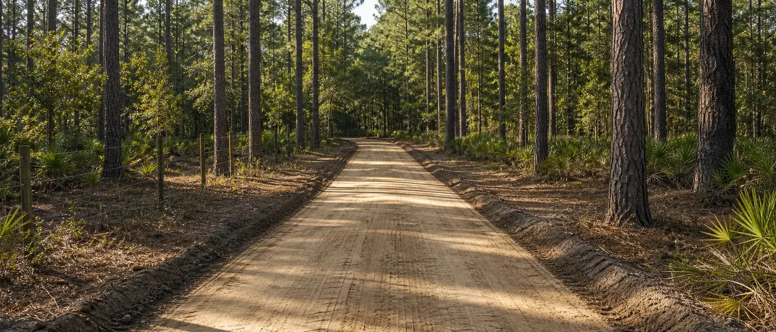 Freshly graded sandy driveway through wooded rural acreage near Starke, Florida.
