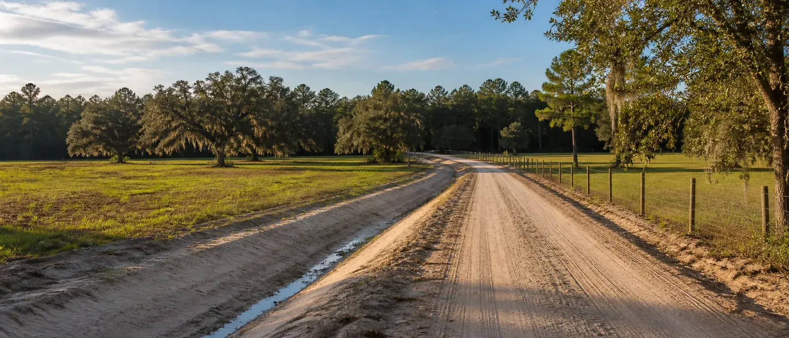 Long sandy farm access drive with drainage swale across rural Suwannee County acreage.
