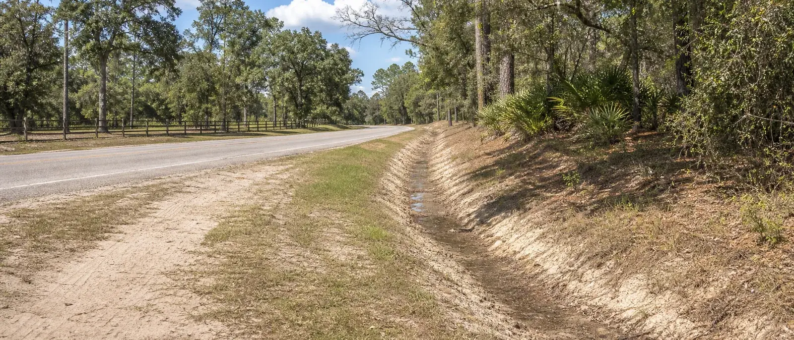 Improved sandy rural road shoulder and drainage swale near White Springs, Florida.