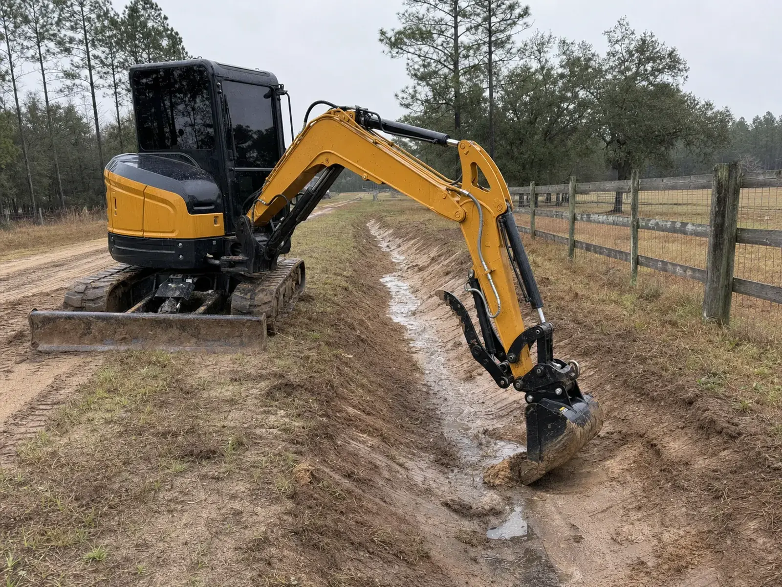 Compact excavator shaping a shallow drainage ditch beside a rural fence