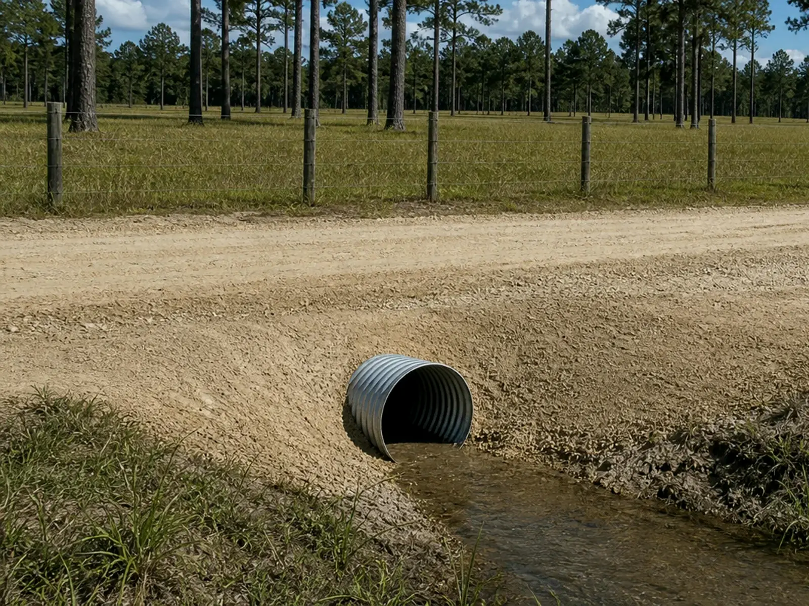Rural driveway culvert crossing with packed base and sandy shoulders