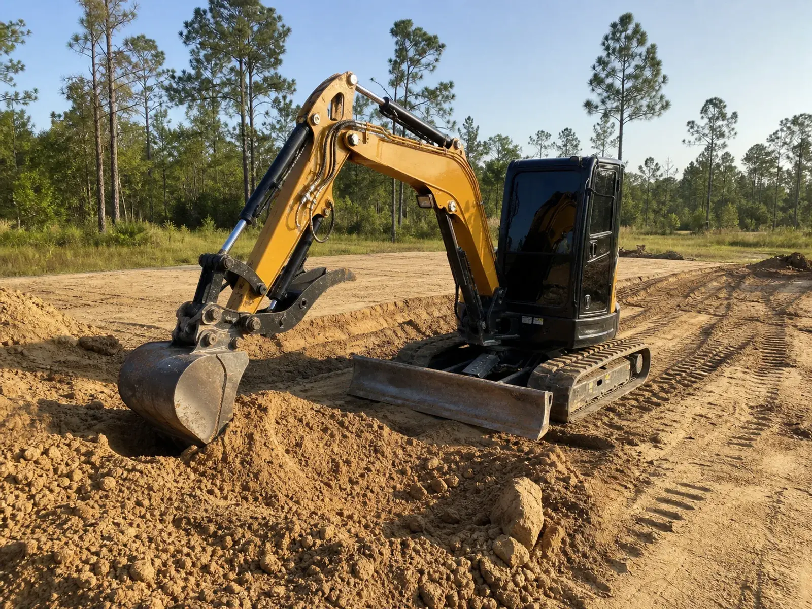 Compact excavator performing sandy earthwork on rural North Florida property