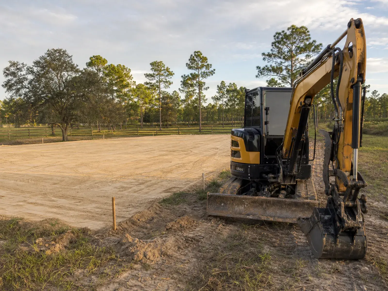 Compact excavator positioned beside a prepared rectangular rural building pad