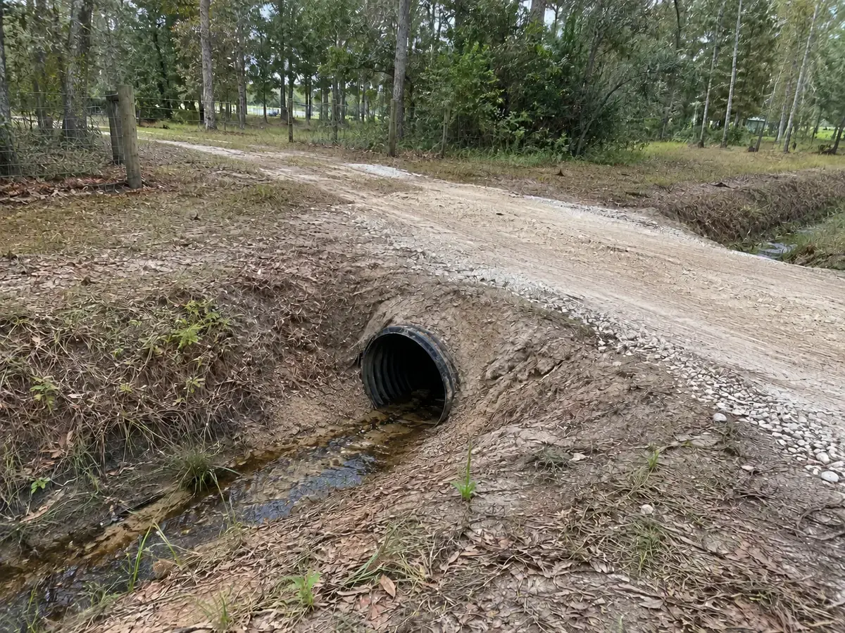 A culvert carrying a shallow ditch beneath a rural driveway.