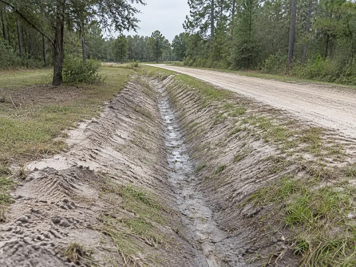 A shaped drainage ditch alongside a sandy rural access lane.