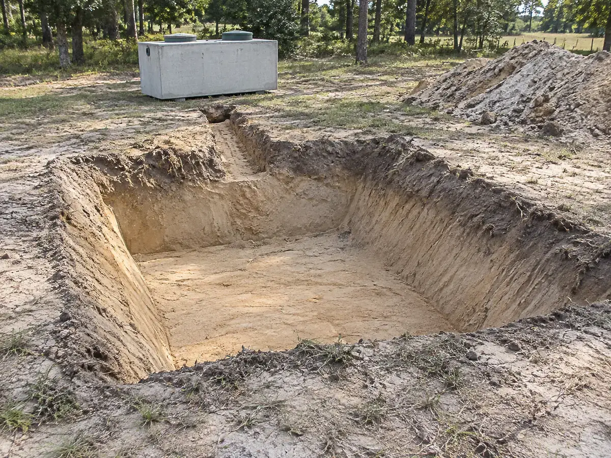 A prepared septic excavation with a tank staged nearby.