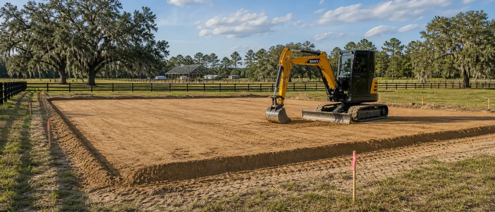 Compact excavator positioned on a prepared rectangular barn pad at a rural North Florida property.