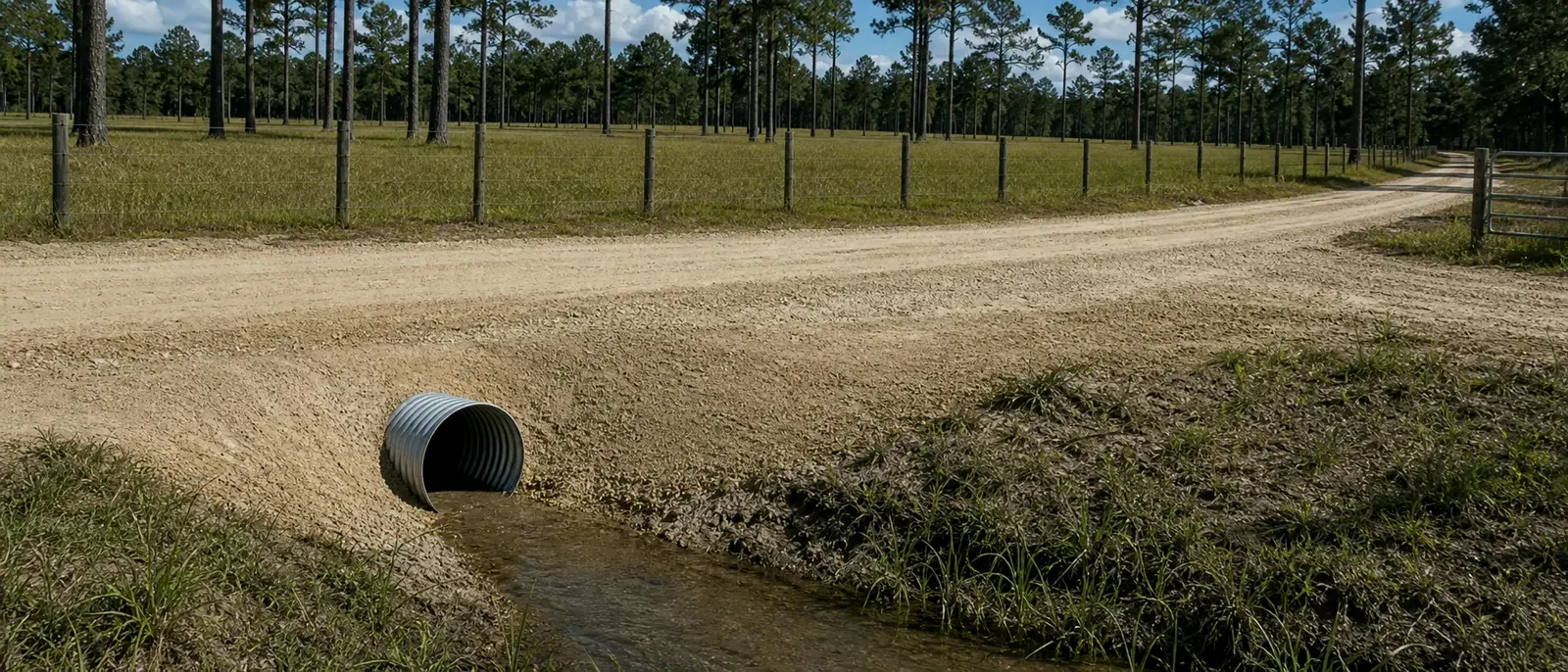 Rural driveway culvert crossing with packed base and sandy shoulders in North Florida.