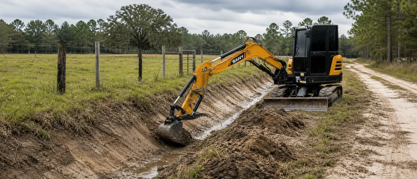 SANY compact excavator shaping a drainage ditch beside a sandy rural driveway in North Florida.