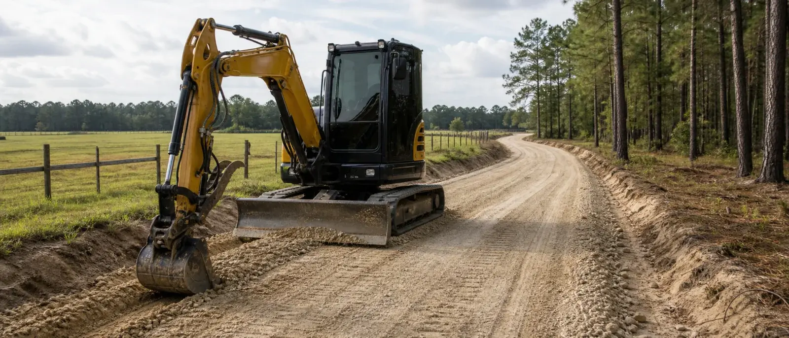 SANY SY50U compact excavator grading a sandy rural driveway near Lake City, Florida.