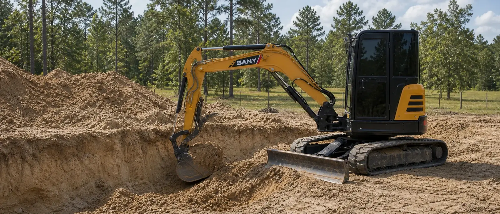 SANY compact excavator digging sandy soil on a rural North Florida property.