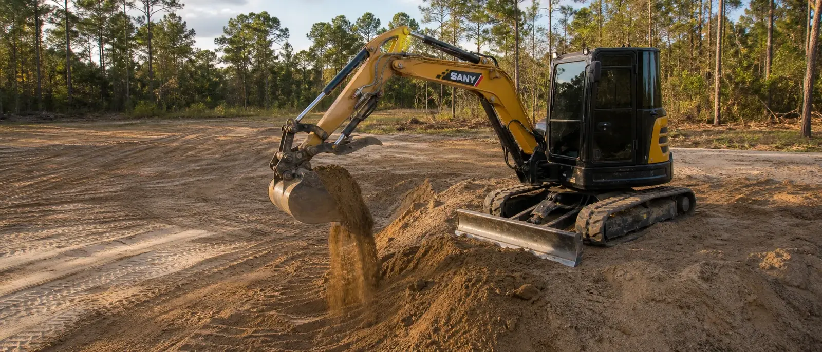 SANY SY50U compact excavator grading sandy soil on rural North Florida acreage.