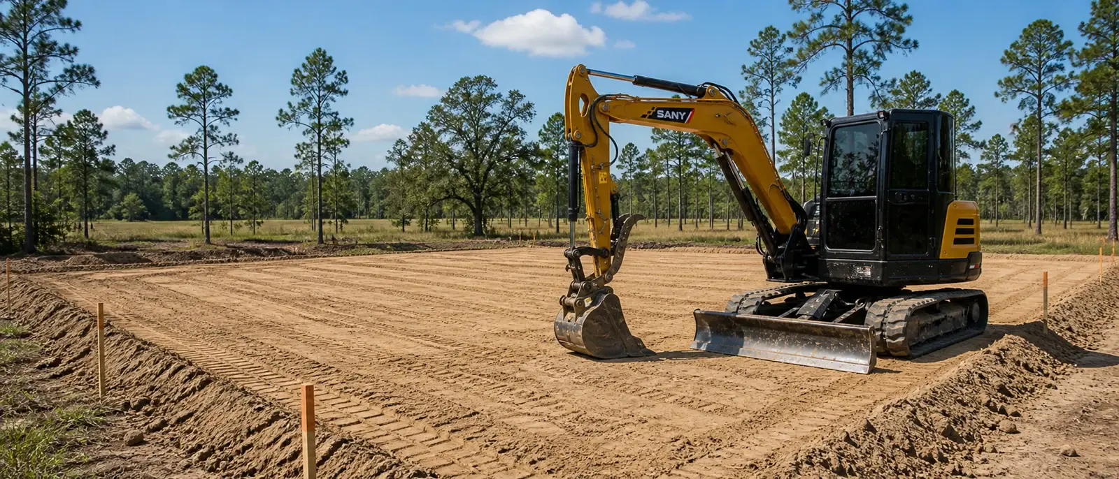 SANY SY50U compact excavator preparing a level house pad on wooded acreage near Lake City, Florida.