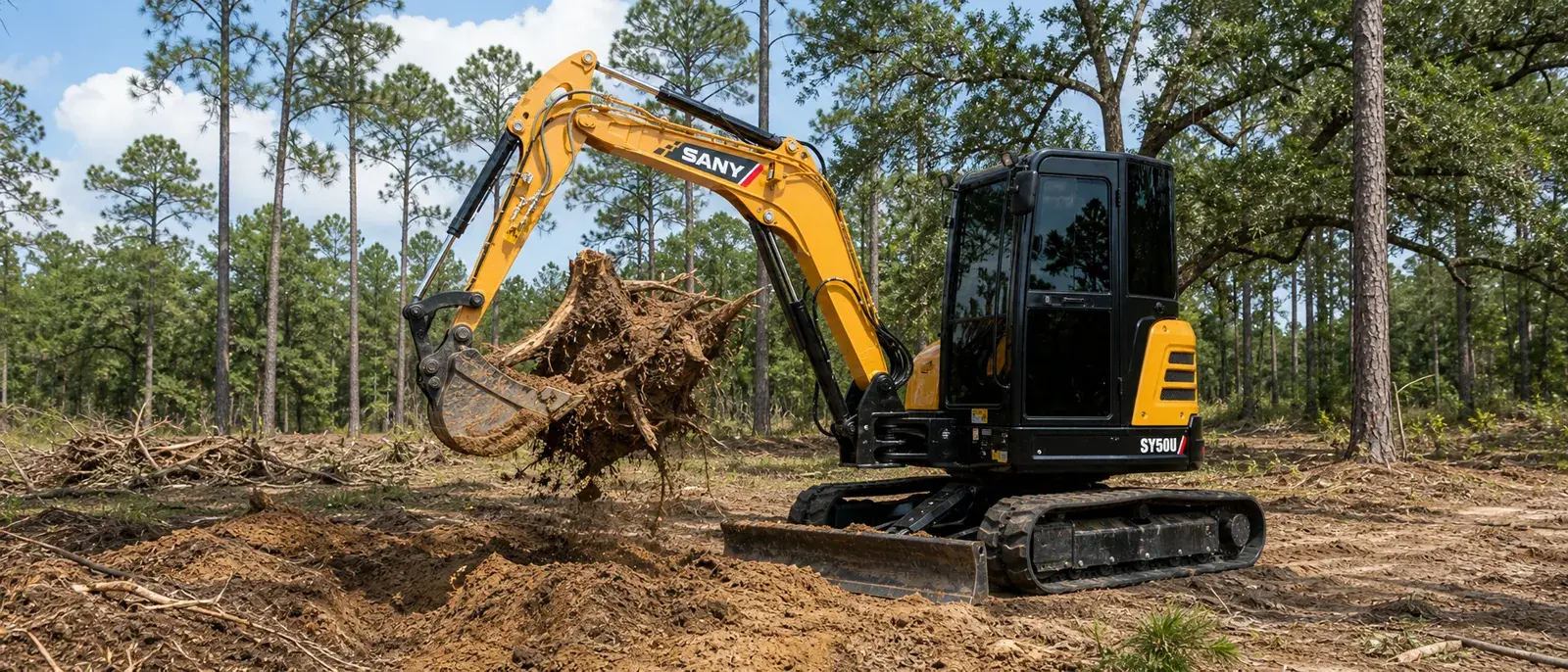 SANY SY50U compact excavator removing a stump from sandy soil on a North Florida property.