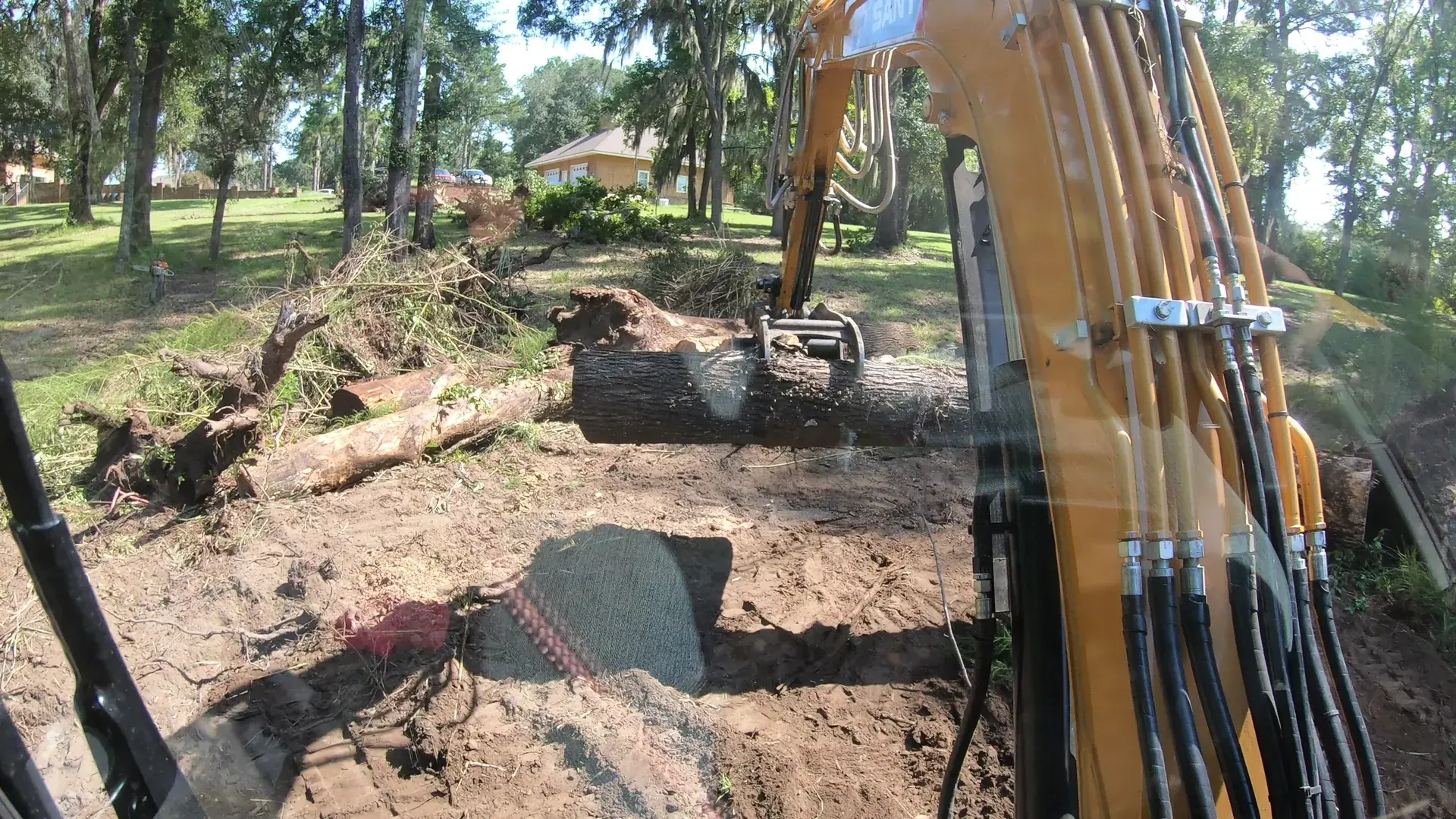 View from the excavator cab as the bucket grips a cut log.