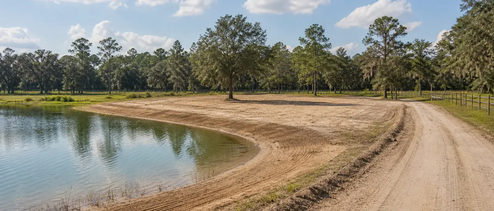 Finished pond edge and graded sandy access area on rural acreage near Branford, Florida.