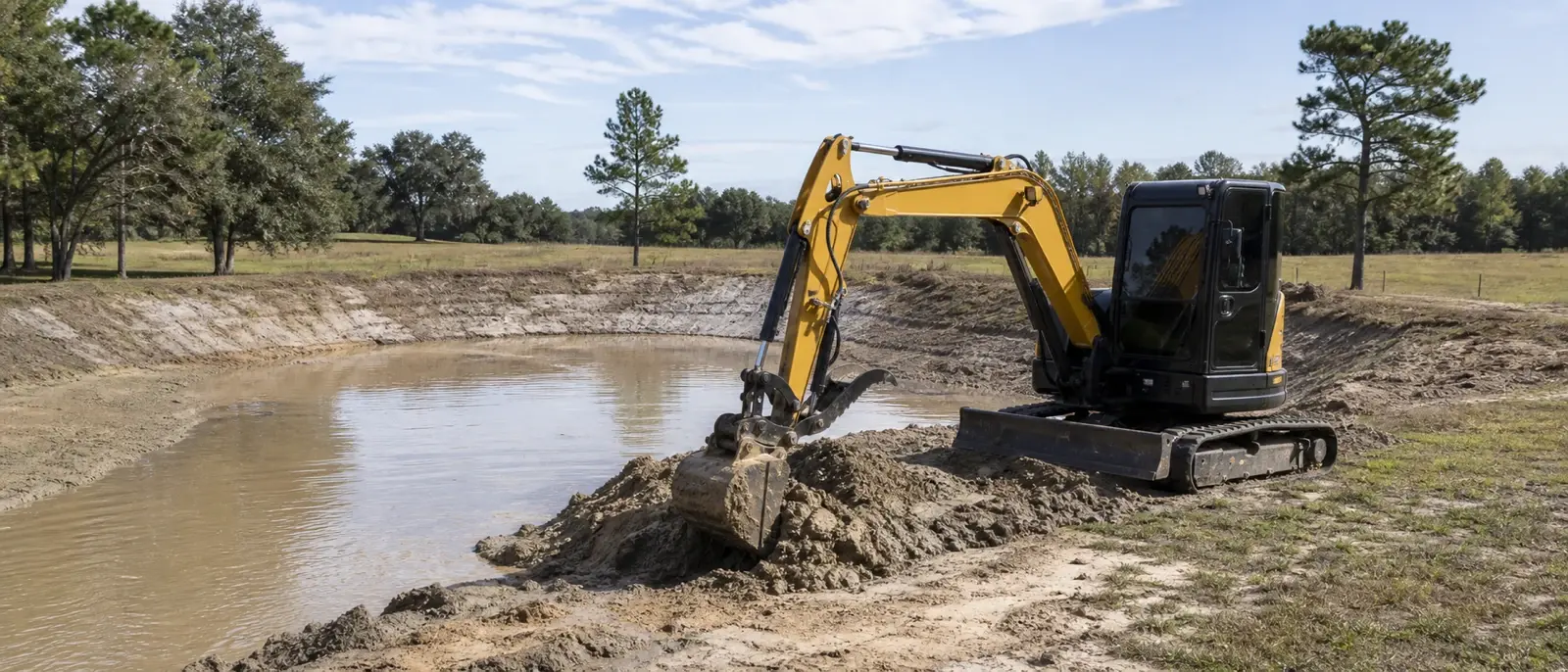 SANY compact excavator shaping a pond excavation on rural North Florida acreage.