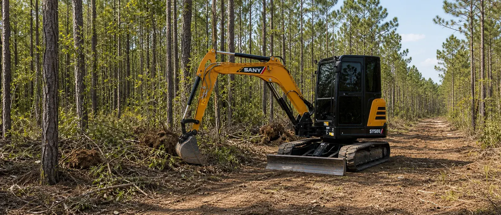 SANY compact excavator clearing brush while preserving trees on North Florida acreage.