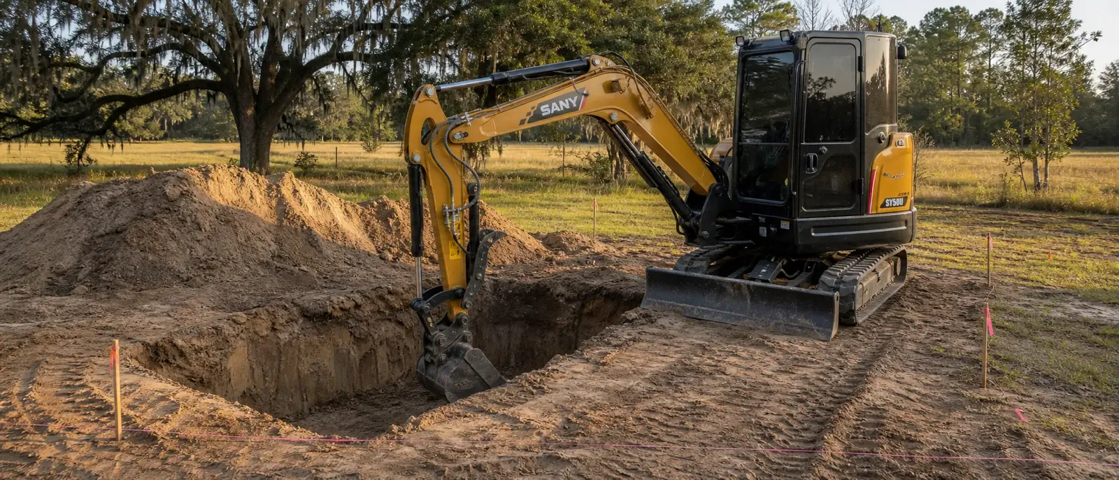 SANY SY50U compact excavator performing a controlled septic dig-out on a rural homesite.