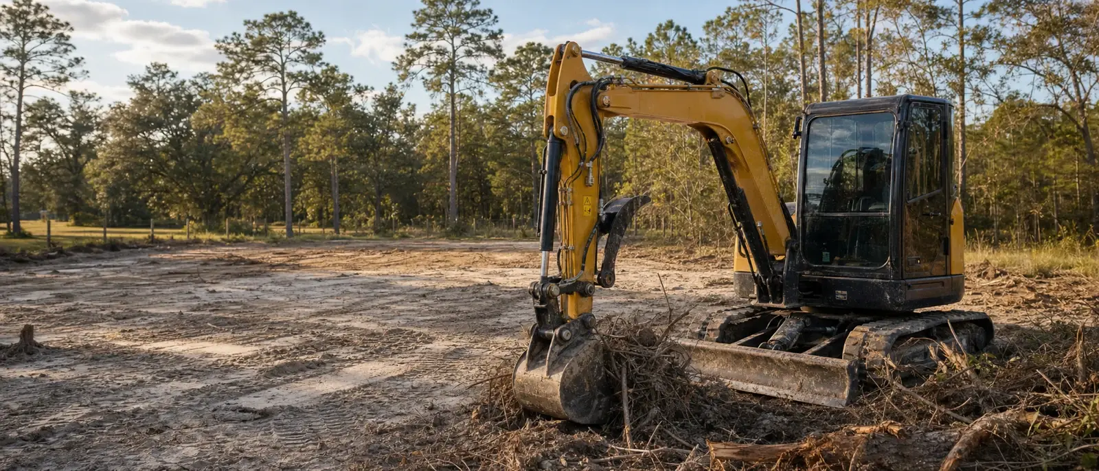 SANY SY50U compact excavator preparing a cleared rural homesite in North Florida.
